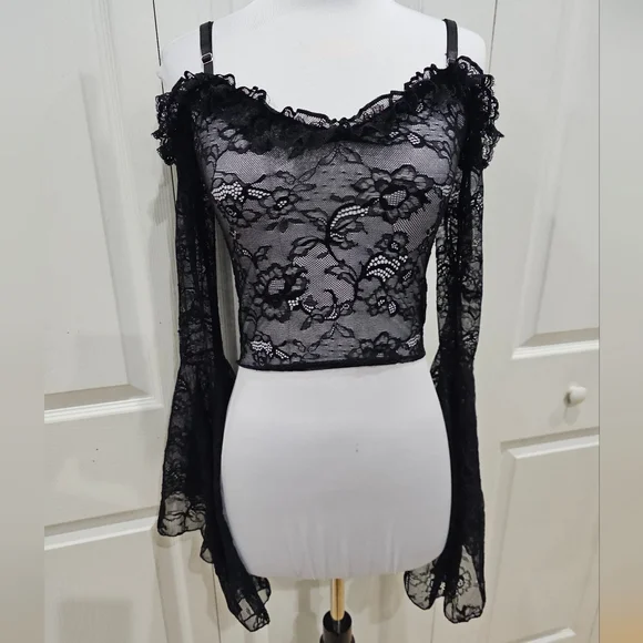Dolls Kill Widow Gothic With Grace Black Mesh Lace Cropped Sheer Top S - Picture 9 of 12